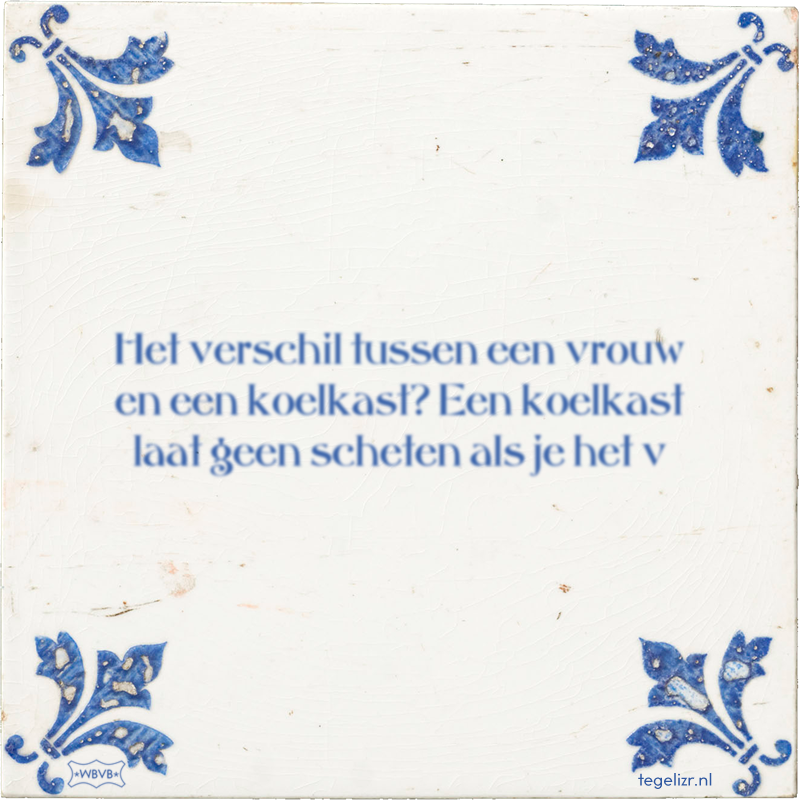 Het verschil tussen een vrouw en een koelkast? Een koelkast laat geen scheten als je het v - Online tegeltjes bakken