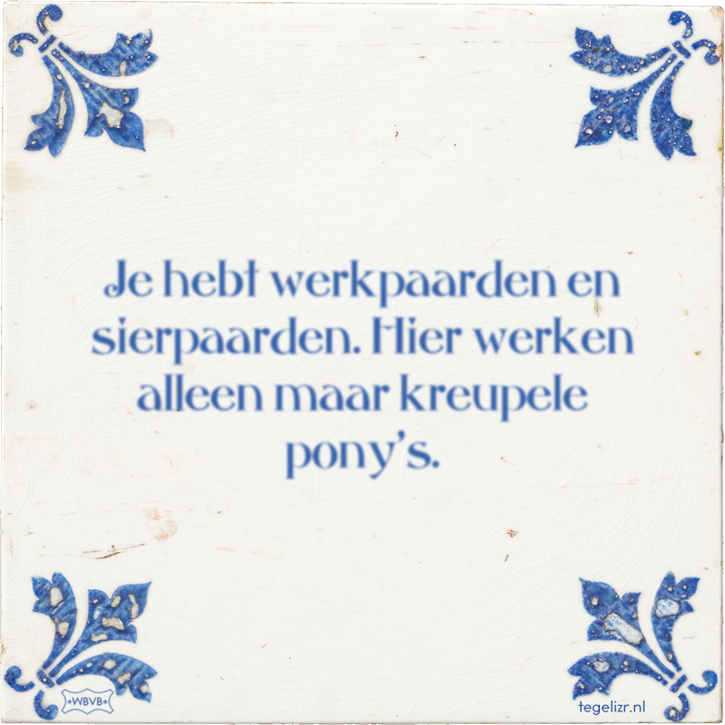 Je hebt werkpaarden en sierpaarden. Hier werken alleen maar kreupele pony's. - Online tegeltjes bakken