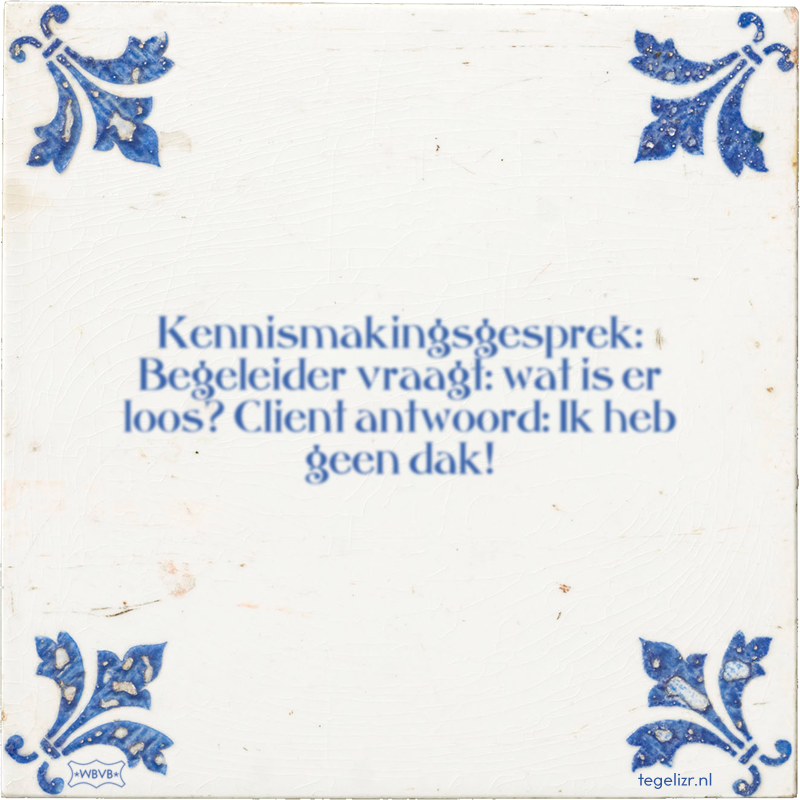 Kennismakingsgesprek: Begeleider vraagt: wat is er loos? Client antwoord: Ik heb geen dak! - Online tegeltjes bakken